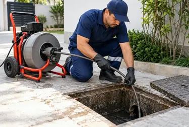 Equipe desentupindo sistema de esgoto em área residencial.