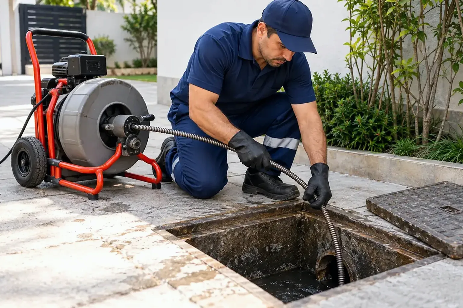 Equipe desentupindo sistema de esgoto em área residencial.