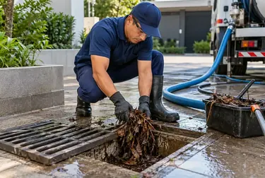 Profissionais desentupindo drenos de águas pluviais.