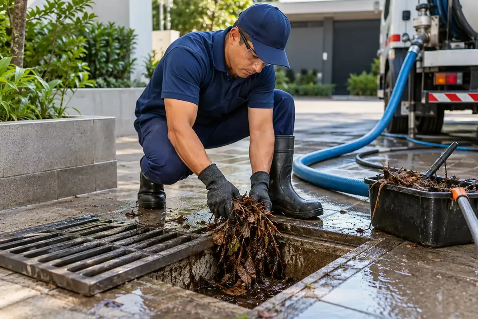 Profissionais desentupindo drenos de águas pluviais.