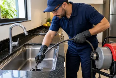 Profissional desentupindo uma pia em ambiente residencial.