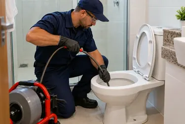 Técnico atuando em desentupimento de vaso sanitário.