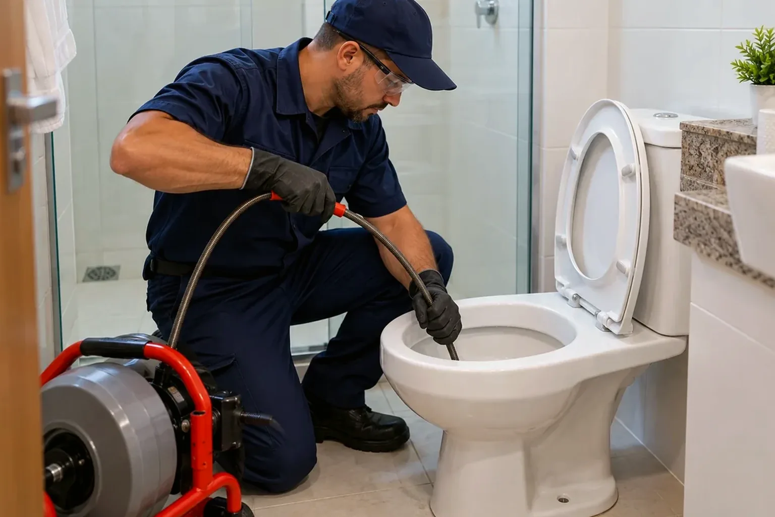 Técnico atuando em desentupimento de vaso sanitário.