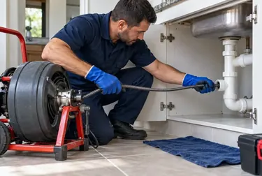 Técnico atuando no desentupimento de tubulação.