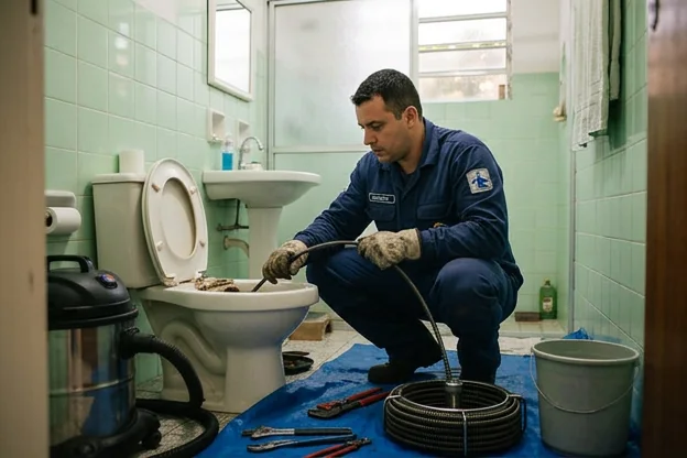 Técnico verificando entupimento em residência.