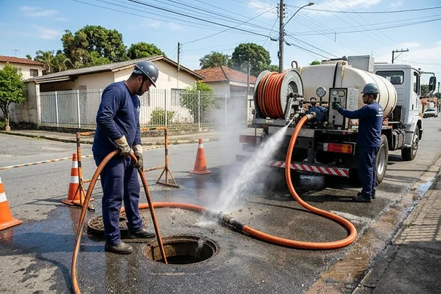Uso de hidrojateador em limpeza de tubulações.